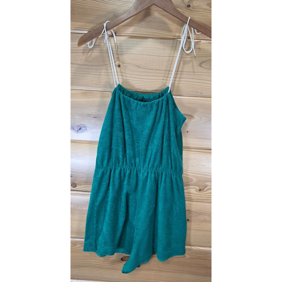 VTG Terry Cloth Romper Shorts 70s Women Medium Green Stripe Distress READ - Picture 3 of 14